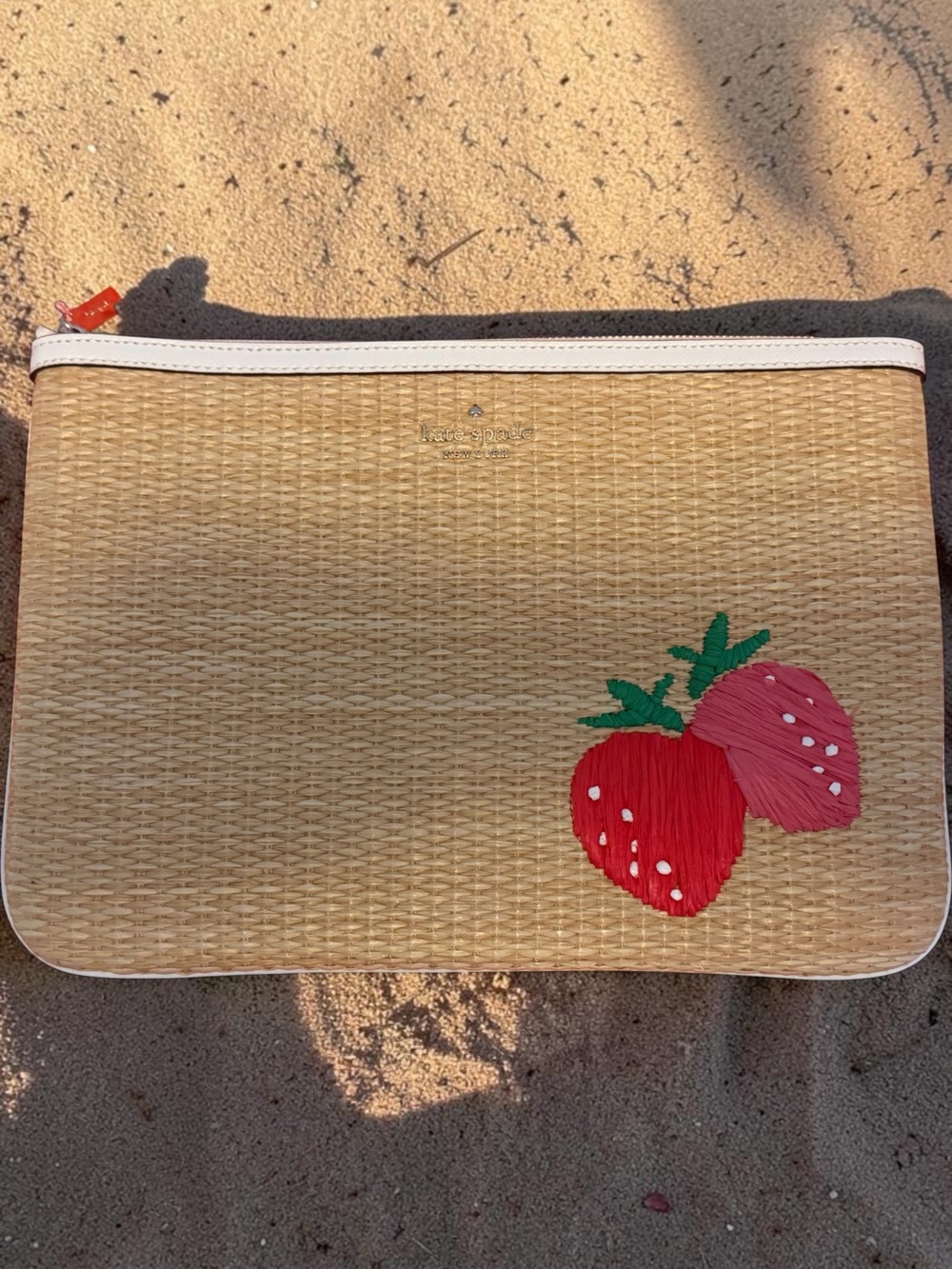 Kate Spade HAND MADE Straw Woven Pouch with Strawberry Embroidery. - Picture 2 of 11